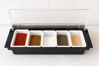 4-compartment organizer for spices, seasonings, condiments, or toppings.