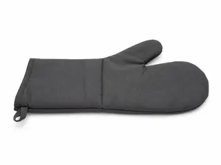Heat-resistant glove for handling hot trays, cookware, and oven equipment.