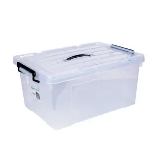 Clear plastic food storage container with secure locking lid for kitchen storage.