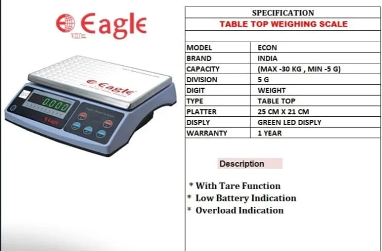 MODEL: ECON BRAND: EAGLE / INDIA CAPACITY: MAX 30 KG / MIN 5 G DIVISION: 5 G DIGIT: WEIGHT TYPE: TABLE TOP PLATTER: 25 CM × 21 CM DISPLAY: GREEN LED DISPLAY WARRANTY: 1 YEAR  DESCRIPTION: With Tare Function Low Battery Indication Overload Indication - Scales from White Eagle Trading Doha Qatar - ادوات مطاعم وفنادق وايت ايجل في قطر