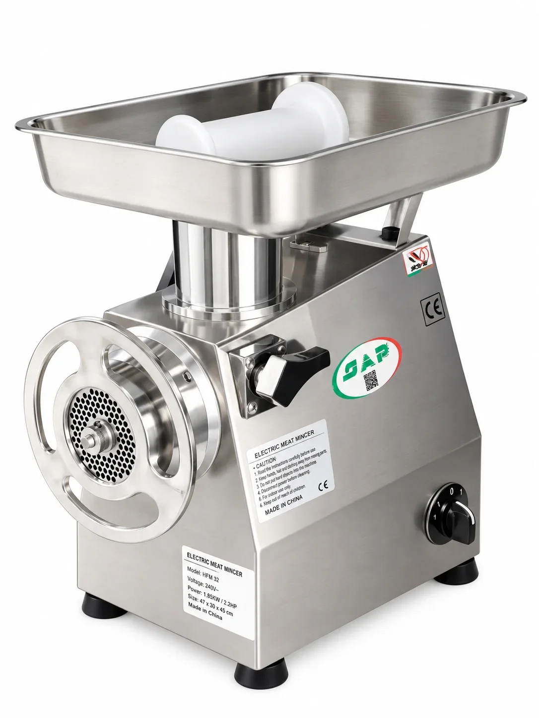 Elect. Meat Mincer Table Top 500Kg/H 32mm / 2.2HP Motor / 140 RPM Power: 415V / 1.6KW / 50–60Hz Size: 26 × 45 × 53 cm Made in Italy Warranty: 1 Year SAP - Commercial Kitchen Equipment from White Eagle Trading Doha Qatar - ادوات مطاعم وفنادق وايت ايجل في قطر