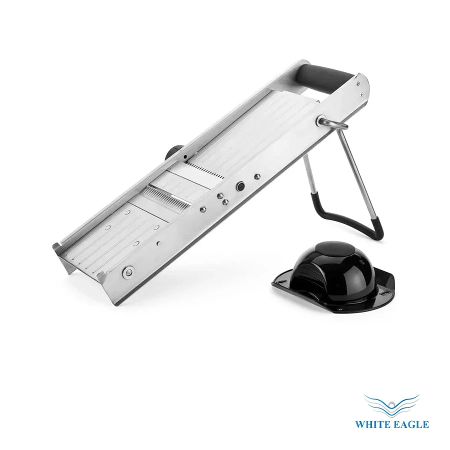 Mandolin Iron Prof version with variable cutting thickness, Dimension-L-W-H 47-14-24cm Includes Rotating blades+thickness regulator (3,6 and 9mm)Brand - Chefs knife from White Eagle Trading Doha Qatar - ادوات مطاعم وفنادق وايت ايجل في قطر