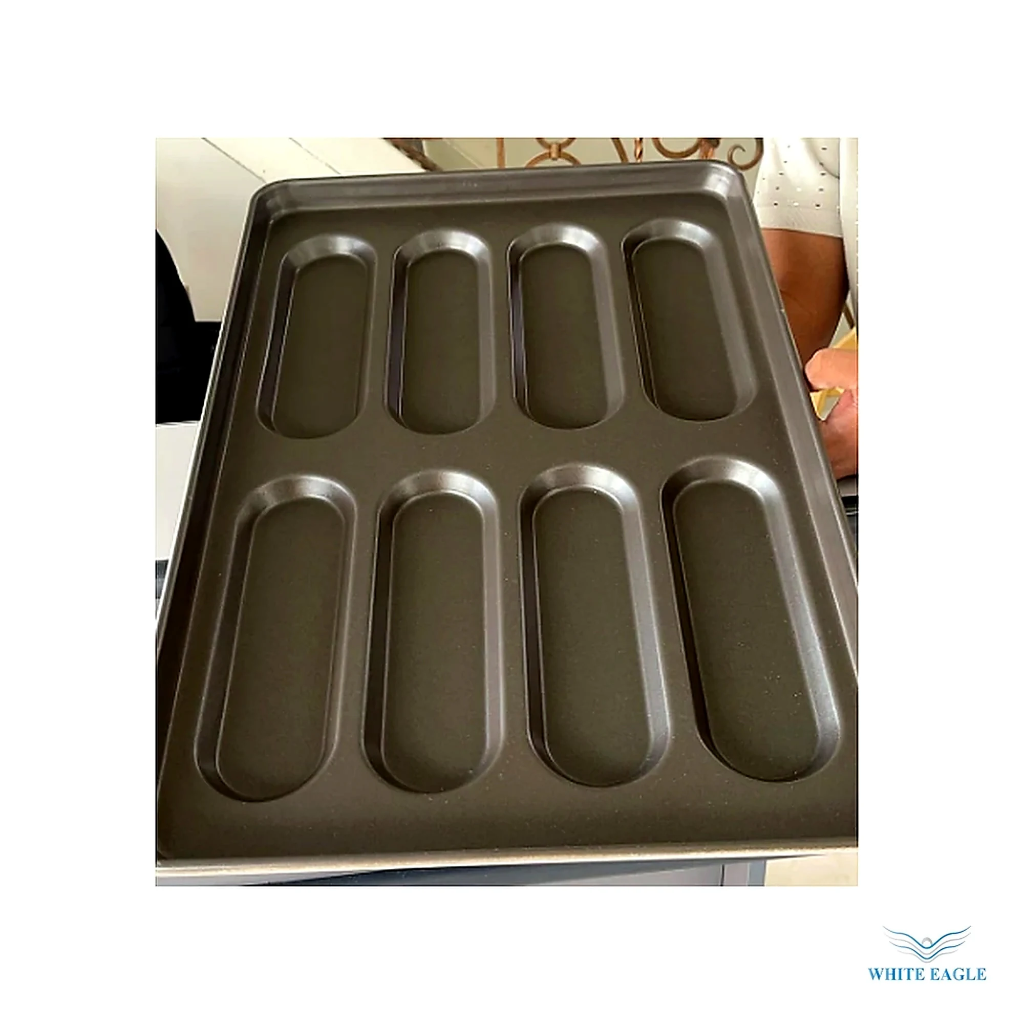 Aluminum Non Stick french Bread Mould Tray Size-60-40-4cm (8 holes) - Baking Molds & Bread Pans from White Eagle Trading Doha Qatar - ادوات مطاعم وفنادق وايت ايجل في قطر